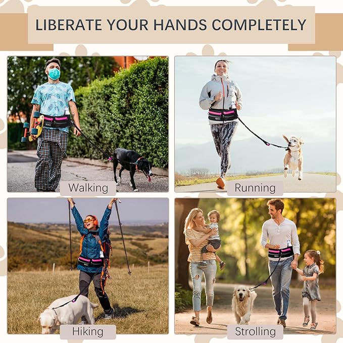 Hands-Free Dog Leash with Pouch, Waist Leash for Walking Two Dogs, Reflective Stitching, Dual Handle, Bungee Retractable for Medium to Large Dogs - Pink,Dog Walking Accessories