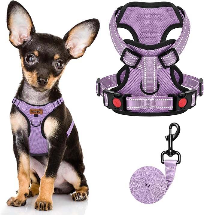 MIDOG No-Pull Dog Harness | Adjustable & Reflective Pet Harness Leash Set for Small Medium Large Dogs Walking, Training| No Choke, Front Clip, Soft Padded Vest with Easy Control Handle - Purple, XS