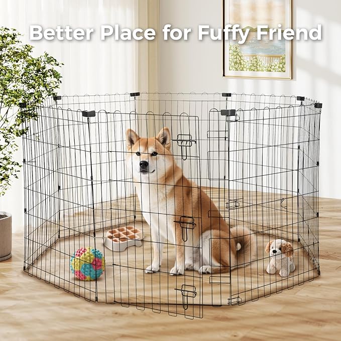 Foldable Dog Playpen 36" Height 8 Panels Metal Exercise Pen with Door - Indoor/Outdoor Dog Play Pen for Small-Medium Dogs, Portable Pet Fence for Yard Garden Camping, Black