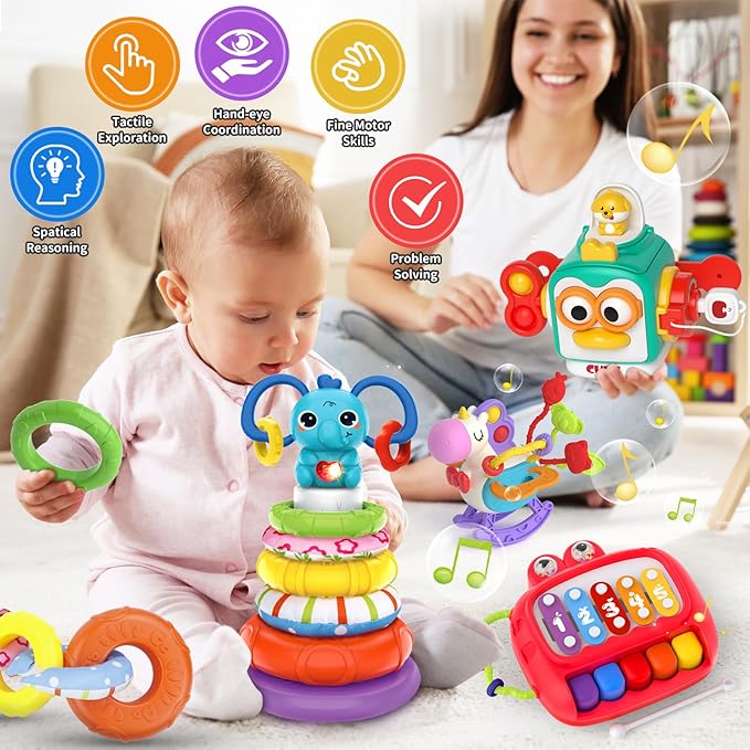 4 in 1 Baby Toy for 6 9 12 18 Month, Learning Toys for Babies 6-12 Months, Baby Busy Cube, Stacking Sorter, Pull String & Piano Xylophone Travel Toy, Birthday Gift for 1 2 Year Old