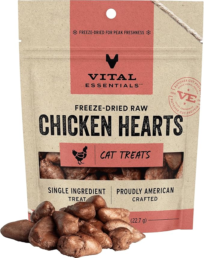 Vital Essentials Chicken Hearts Cat Treats, 1 oz | Freeze-Dried Raw | Single Ingredient | Grain Free, Gluten Free, Filler Free