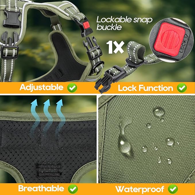 Timos Dog Harness Large Sized, No Pull Pet Harness with Neck Lockable Snap,No Choke Front Clip Dog Reflective Vest,Adjustable Metal Rings 3 Buckles,Easy Control Handle for Large Dogs Green XL
