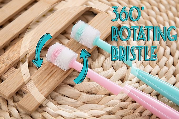 E.M&S.T by Emmeliestella Small Dog & Cat Toothbrush 360 Degree Soft Silicone, Cat Dental Care, Toothbrush Holder, Easy to Handle, Independent Packaging, Extra Suction Cup, Light Blue&Light Pink 3PCS