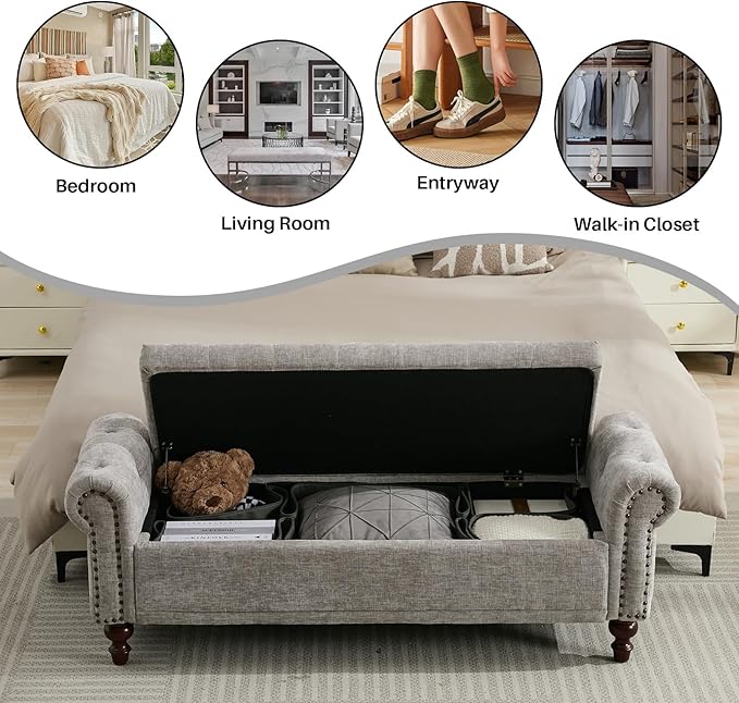 58.1'' Storage Bench Upholstered Chenille End of Bedroom Bed Bench Ottoman with Tufted Cushioned Rolled Arm Large Storage Space for Reading Living Room Entryway, Light Grey
