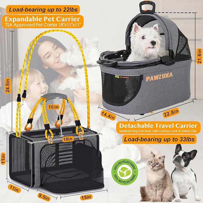 PAWZIDEA Double Pet Stroller with 2 Detachable Carriers, Portable Dog Crate for Car Travel & TSA-Approved Expandable Cat Carrier, Foldable Lightweight Jogger Stroller for 2–4 Cats or Small/Medium Dogs
