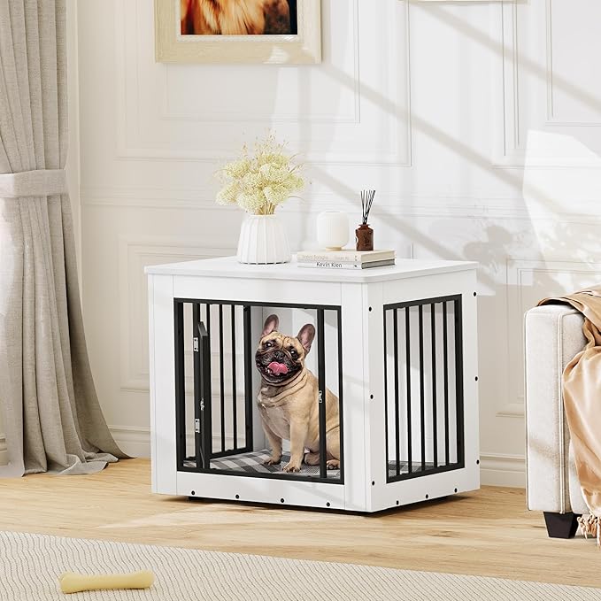 YITAHOME 30.1" L Dog Crate Furniture for Medium Dogs, 2-in-1 Iron-Wood Fusion Dog cage Indoor up to 35 lb, Side End Table, Modern Dogs Kennel with Waterproof Top, Safety Corners,Steel Lock,White