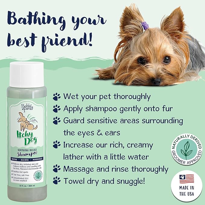 Bobbi Panter Dog Shampoo - Made in USA - All Natural Formula for Itch Relief & Soothing Skins, Concentrated 16:1 for Professional Groomers - Green Apple Scent, 13 Oz