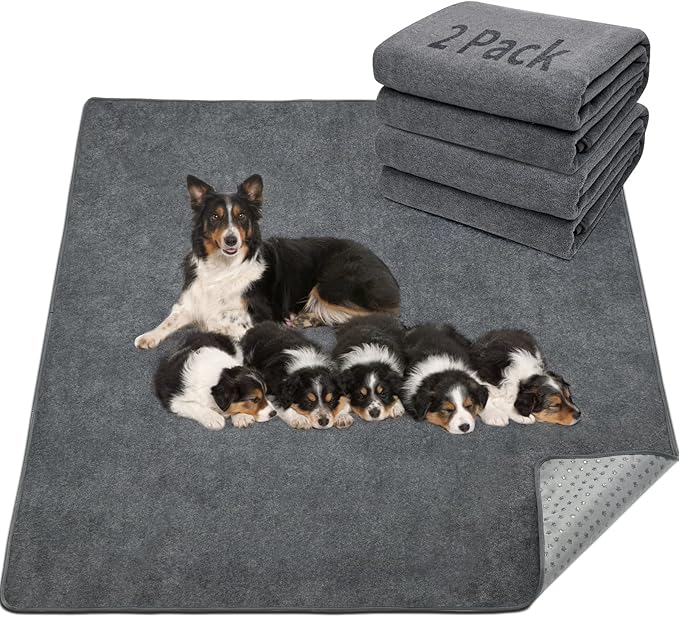 LOOBANI 2 Packs Extra Large Reusable Dog Mat for Floor, Non-Slip Washable Pee Pad for Dogs, Fast Absorbent Pet Whelping Pads, Puppy Playpen Mat for Incontinence, Housebreak, Crate, 48x48in, Gray