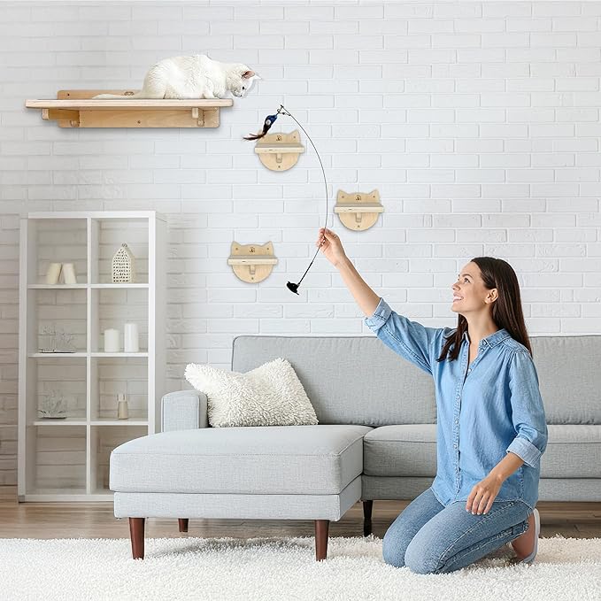 Snuggle & Play Cat Wall Shelves with Suction Cup Wand – 3 Mounted Steps, Climbing Wall Shelves and Furniture with Cat Wand