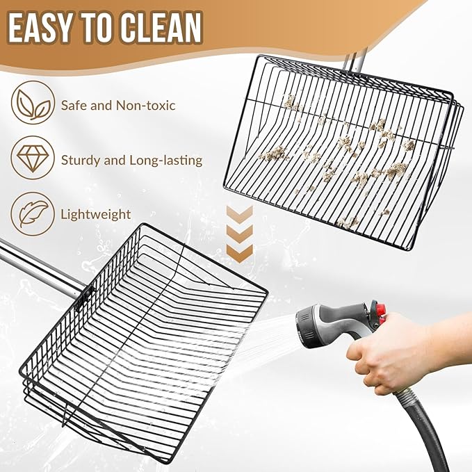 SlowTon 10-inch Large Chicken Poop Scooper - 5 in 1 Multifunctional Chicken Litter Scoop with 35 to 67in Stainless Steel Handle, Heavy Duty Chicken Coop Cleaning Tool Litter Sifting Shovel