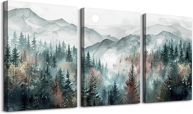TTHYUEWS Wall Art For Living Room Farmhouse Wall Decor For Bedroom Wall Pictures for Office Fog Forest Mountain Landscape Watercolour Wall Paintings Artwork Ready To Hang Home Decorations 3 Piece
