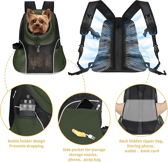 WOYYHO Pet Dog Carrier Backpack Small Dog Front Backpack Ventilated Mesh Dog Travel Back Pack with Safety Belt for Travel Hiking Cycling Outdoor Adventures (Size S: 2-4.5 lbs, Army Green)