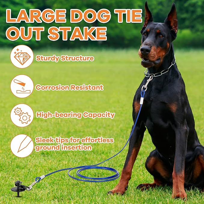Dog Tie Out Stake, Heavy Duty 360°Swivel Dog Outside Lead Cable, Screw in Spike Auger Ground Stake Anchors with Power Nut Drill Bit, T Wrench and Leash, for Yard Camping Beach