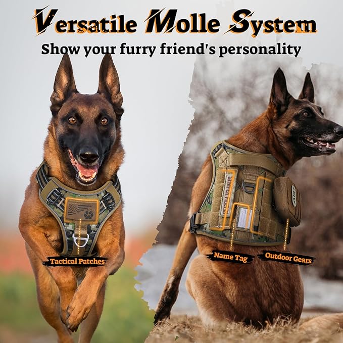rabbitgoo Dog Harness for Large Dogs No Pull, Tactical Service Pet Vest with Molle and Control Handle, Adjustable and Reflective Military Harness for Easy Walking and Training, Brown camo, XL