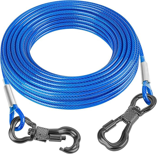 Tresbro 30FT Reflective Tie Out Cable for Dogs Up to 250 Pounds, Steel Wire Lead Leash Cable with Stainless Rotatable Clip, Lightweight and Enduring, Dog Lead Chains for Outside,Yard,Camping, Blue