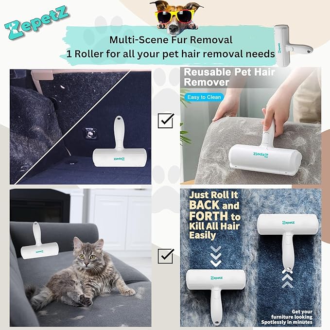 Pet Hair Removal Tool – Reusable Lint Roller for Dogs & Cats – Self-Cleaning Fur Remover Brush – Ergonomic Lint Roller for Carpet, Bedding, Couch, Car Seat & More (White)