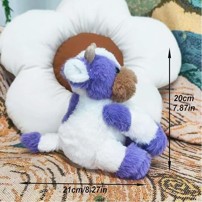 Purple and White Cow Weighted Stuffed Animal 7.87in Cute Sitting Cow Plush with Smile Soft Fluffy Small Farm Plushie for Kids Adults Birthday Festival Gift Bed Home Office Decoration Toys