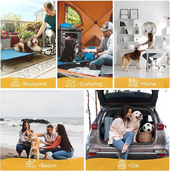 Folding Raised Dog Bed, Large Outdoor Elevated Dog Cot, Cooling Chew Proof Pet Cots Bed, Portable, Heavy Duty Up to 160 lbs, Pet Cot for Camping, Home, Dark Blue, 49"x33"x7"