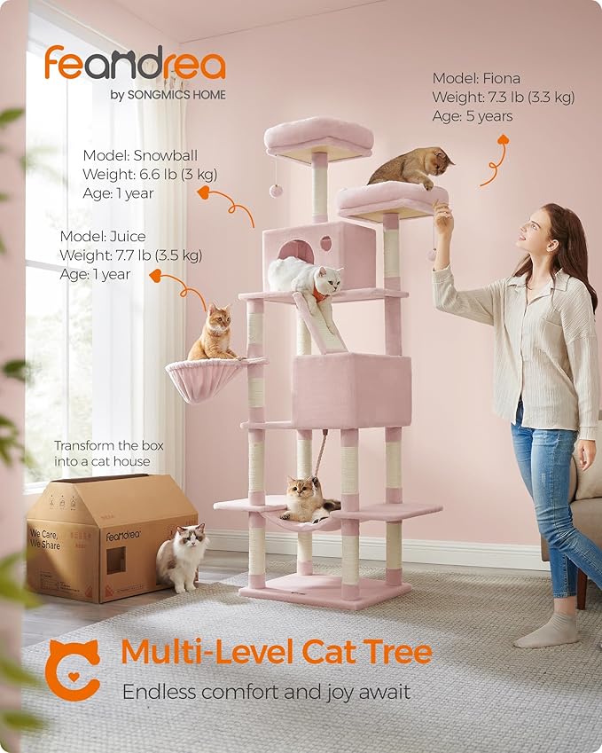 Feandrea Cat Tree, 81.1-Inch Large Cat Tower with 13 Scratching Posts, 2 Perches, 2 Caves, Basket, Hammock, Pompoms, Multi-Level Plush Cat Condo for Indoor Cats, Jelly Pink UPCT190P01