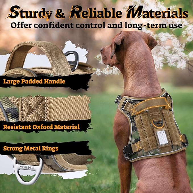 rabbitgoo Dog Harness for Large Dogs No Pull, Tactical Service Pet Vest with Molle and Control Handle, Adjustable and Reflective Military Harness for Easy Walking and Training, Brown camo, L