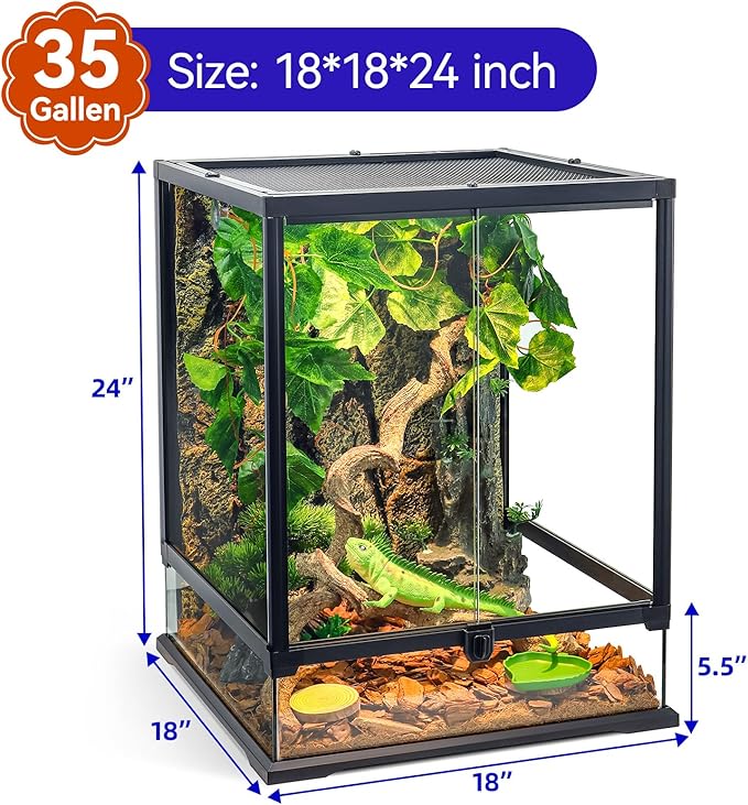 360° Clear View 35 Gallon 24x18x18 Glass Reptile Terrarium Suitable for Bearded Dragon, Chameleon, Crested Gecko, Multi-Pet Enclosure with Front Door, Excellent Ventilation, Hidden Wiring Holes