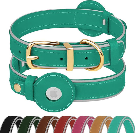 OOPSDOGGY Reflective Geniune Leather Airtag Dog Collar Soft Padded Collars for Small Medium Large Breed Dogs Puppy, 4 Sizes, 7 Colors (Teal, Small, 9"-12")
