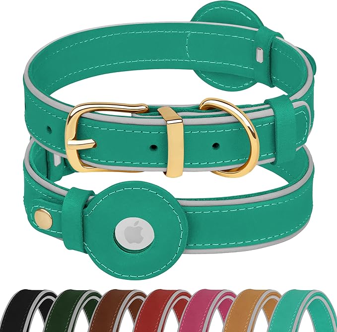 OOPSDOGGY Reflective Geniune Leather Airtag Dog Collar Soft Padded Collars for Small Medium Large Breed Dogs Puppy, 4 Sizes, 7 Colors (Teal, Large, 15"-19")