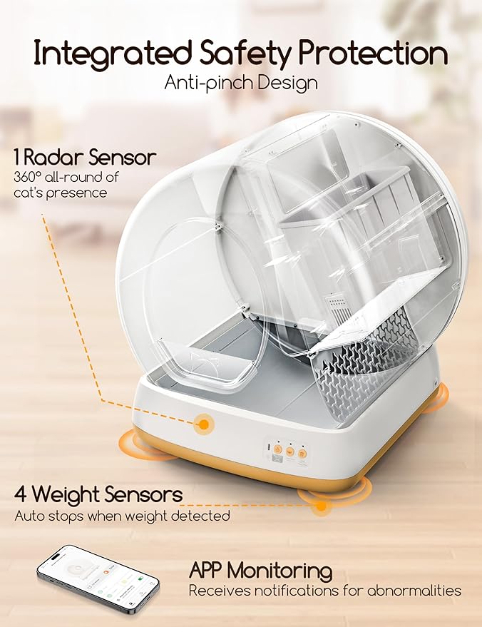 MeoWant Self-Cleaning Cat Litter Box, Advanced Safety System Automatic Cat Litter Box Perfect for Multi Cats, Extra Large/Odor Control/APP Control Smart Cat Litter Box with Mat & Liner, Yellow