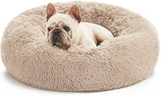 Love's cabin Calming Cat Bed for Indoor Cats,Anti-Anxiety Donut Round Dog Bed,Fluffy Faux Fur Washable Pet Bed for Small Medium Dogs and Cats,Taupe,24in