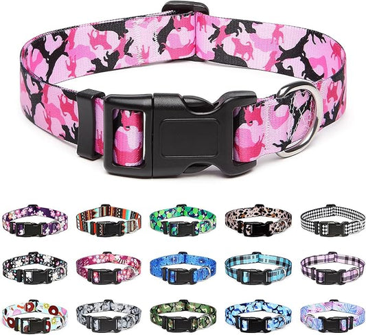 Mercano Adjustable Dog Collar - Special Design Patterns, Soft Nylon Comfortable Sturdy Pet Collar for Small Medium Large Dogs (M, Dog Camouflage Pink)