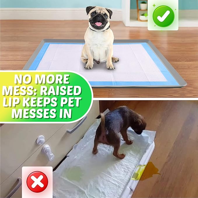 TidyFriend Dog Pee Pad Holder Tray Fits for 27.5” x 44” Wee Wee Pee Pads - Stable Grip, Raised Edges, Quick-Wipe Silicone Surface Dog Potty Tray Holder for Indoor Flooring Protection (Light Grey)