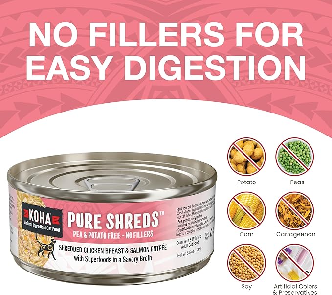 KOHA Pure Shreds Chicken and Salmon Entrée for Cats, High Protein Wet Cat Food, 2.8oz Cans (Pack of 24)