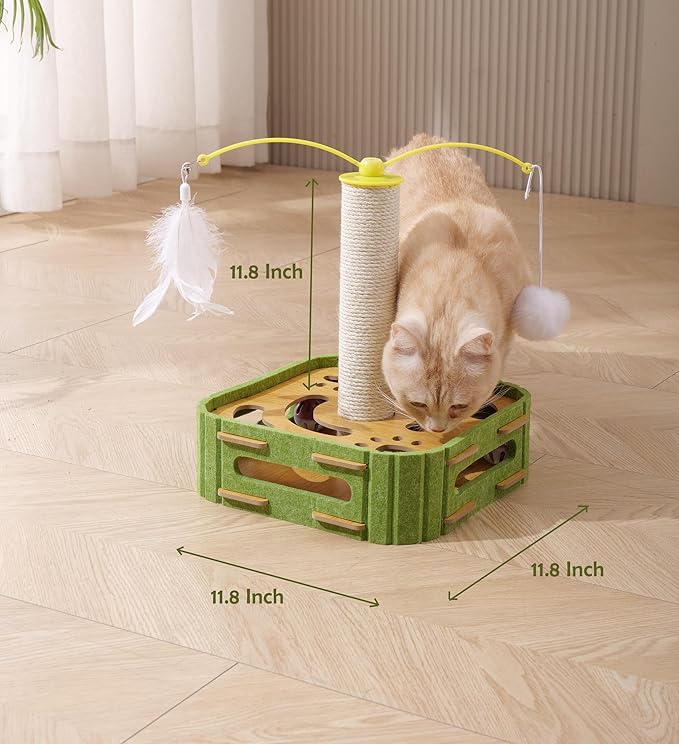 Interactive Cat Puzzle Toy - Scratching Post with Spinning Balls & Feathers for Indoor Cats, Satisfies Hunting Instinct, Self-Play Mental Stimulation Game with Rolling Track