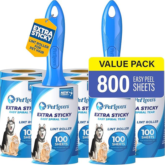 PetLovers Extra Sticky Lint Roller Ultimate Value Set 800 Sheets for Pet Hair Removal, Dog and Cat Lint Remover 8 Pack