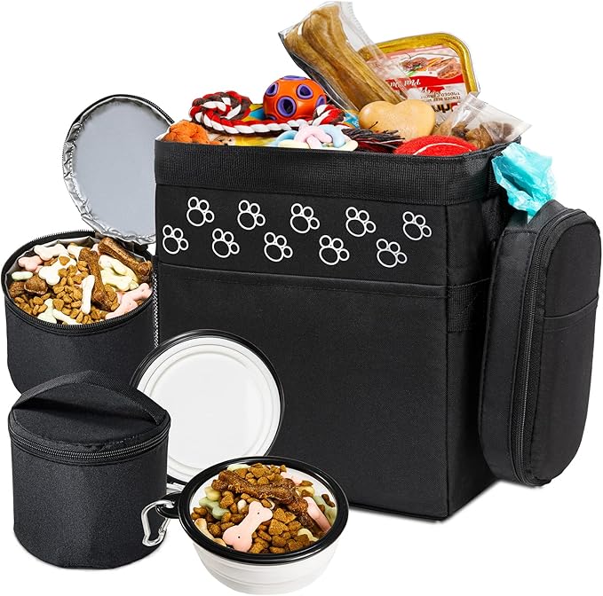 Dog Travel Bag - Airline Approved, 2 Food Containers, 2 Bowls, Treat Pouch & Accessories