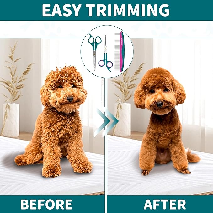 Professional Pet Grooming Kit, Stainless Steel Dog & Cat Grooming Shears with Rounded Tip Blades for Safe Fur Trimming, Thinning Shears, Straight Scissors, and Pet Comb (Set of 3)