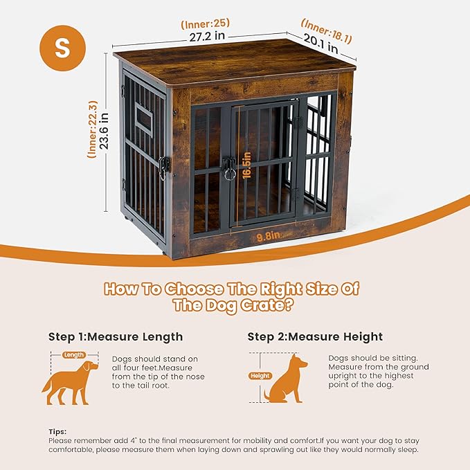 Gardner Pet Dog Crate Furniture for Small Dogs, 27.2 Inch Dog Kennel Indoor, Wooden Dog Cage End Table, Heavy Duty Dog Crate, Rustic Brown