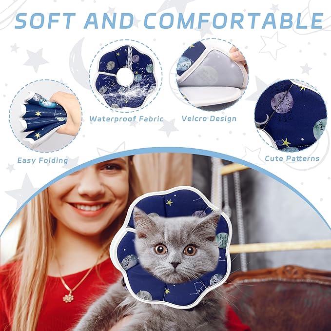 Soft Adjustable Cat Cone Collar - Comfortable Recovery Collar for Cats After Surgery (Blue, Small)