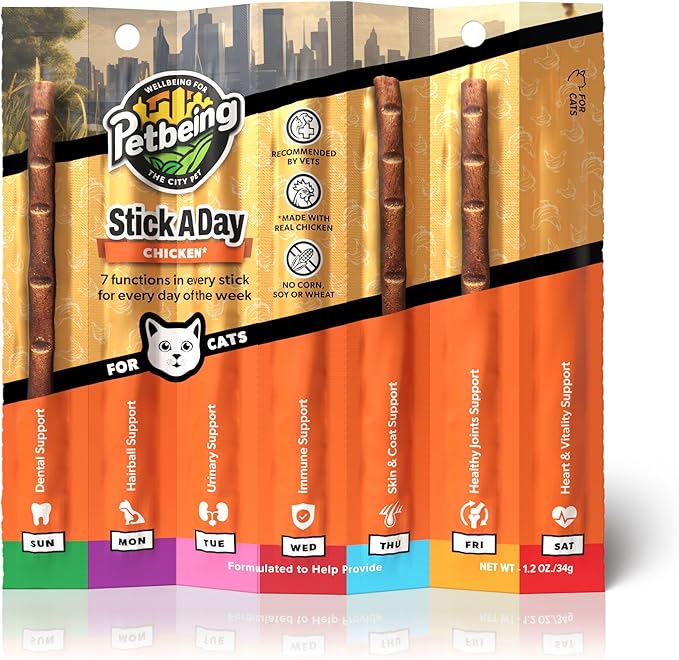 Stick a Day | Specially Formulated 7-in-1 Functions Daily Real Meat Supplement for Cats | Cat Chew Stick & Pet Vitamins Supplements Combination (7-Pack x 4, Mix)