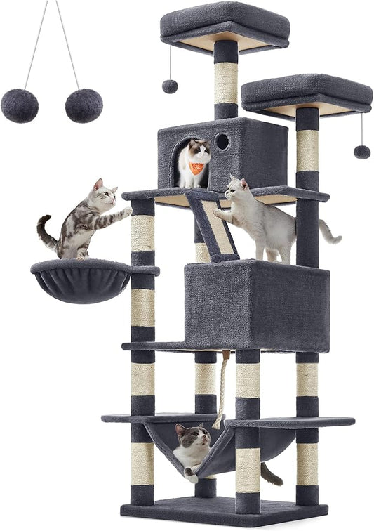 Feandrea Cat Tree, 66.1-Inch Large Cat Tower with 13 Scratching Posts, 2 Perches, 2 Caves, Basket, Hammock, Pompoms, Multi-Level Plush Cat Condo for Indoor Cats, Smoky Gray UPCT165G01