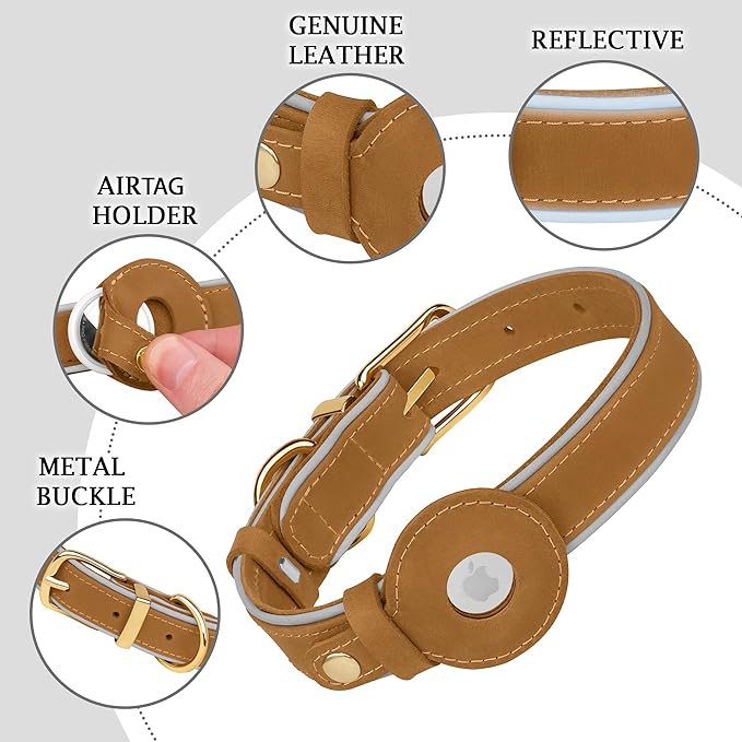 OOPSDOGGY Reflective Geniune Leather Airtag Dog Collar Soft Padded Collars for Small Medium Large Breed Dogs Puppy, 4 Sizes, 7 Colors (Camel, Medium, 12"-15")