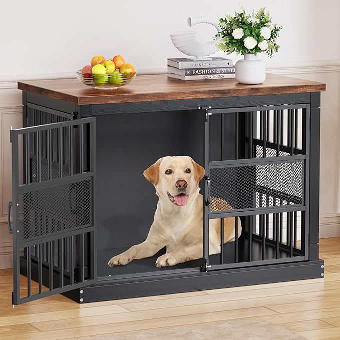 VOPEAK 40" Dog Crate Furniture, Chew Resistant Dog Crate for Dogs, Heavy Duty Dog Crates Dog Kennel Cage Indoor with Double Doors, End Table for Bedroom Living Room, Black