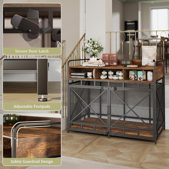 Dog Crate Furniture, 48" Heavy Duty Wooden Dog Crate End Table, XL Dog Kennel Furniture Large Breed, Decorative Dog Kennel Indoor with 3 Drawers & Steel Tubes 48" L x28 W x38 H (Rustic Brown)