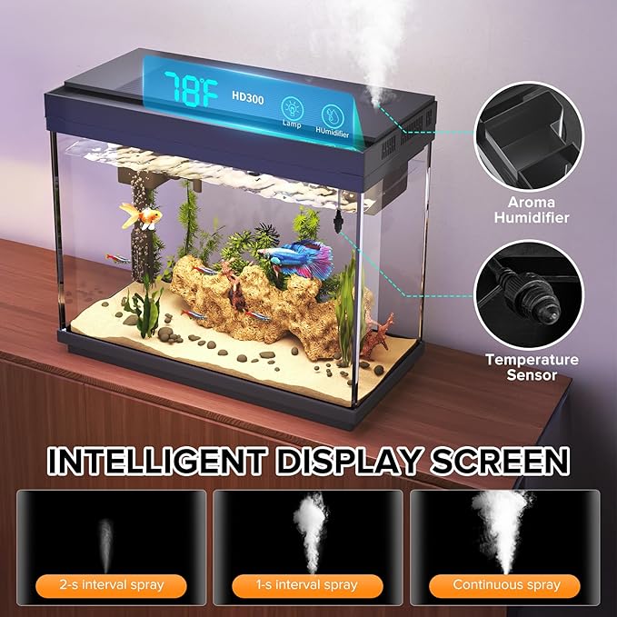 Fish Tank, 2.4 Gallon Fish Aquarium, Fish Tank Starter kit with Smart Humidifier, Temperature Display, 7-Color Lighting, 3 in 1 Quiet Pump with Filteration & Oxygenation & Circulation