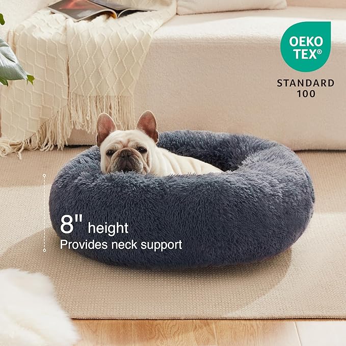 Love's cabin Calming Cat Bed for Indoor Cats,Anti-Anxiety Donut Round Dog Bed,Fluffy Faux Fur Washable Pet Bed for Small Medium Dogs and Cats,Bluish Grey,24in