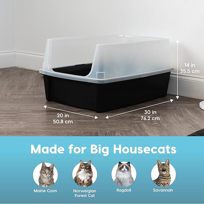 IRIS USA XX-Large Cat Litter Box, Open Top Extra Large Litter Box for Big Cats and Multi-Cat Households, High Sided Scatter Shield, Easy to Clean, 30" L x 20" W x 14" H, Black