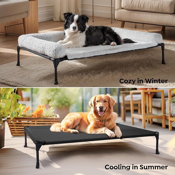 Veehoo Cooling Elevated Dog Bed Add Removable Deluxe Rose Plush Bolster Cushion Mat, 35" x 22" Washable Dog Couch Bed, Raised Pet Cot with Breathable Teslin Mesh, No-Slip Feet, Grey, CWC2439B