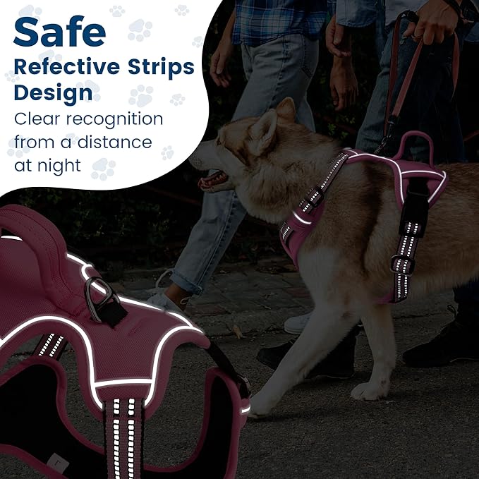 Funfox Dog Harness No Pull, Adjustable Pet Vest Harness, Super Soft Material with Vertical Handle Easy Control, Reflective Night Walking, 2 Leash Clips for Large Dogs, Pink, L