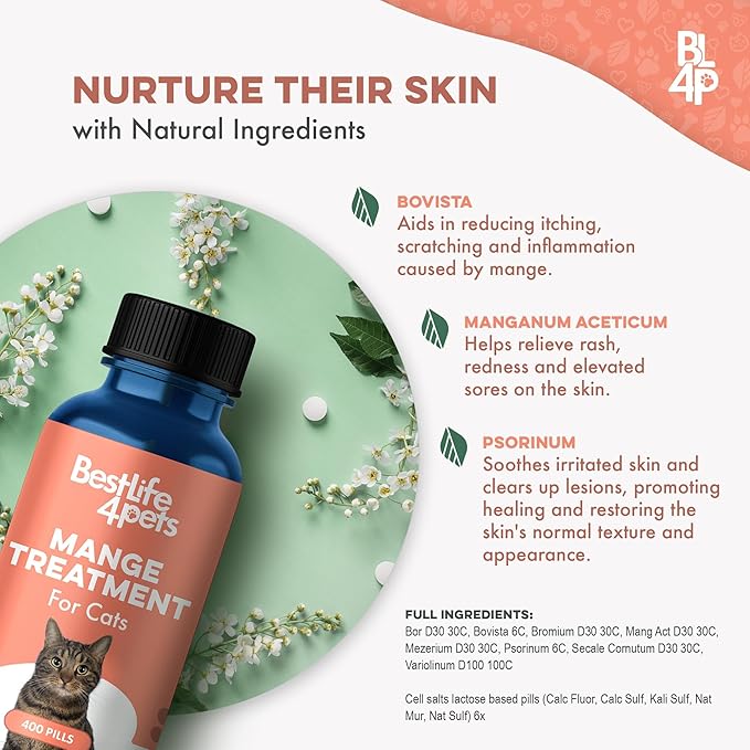 Mange Treatment for Cats, Natural Ear Mite Treatment & Cat Itchy Skin Relief, Helps with Welts, Scabs, Feline Dandruff, Shedding, Excessive Grooming and General Fur and Coat Care, 400 Odorless Pills