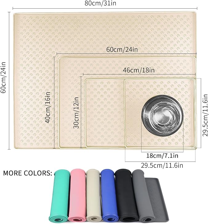 Ptlom Silicone Pet Placemat for Dog and Cat, Waterproof Anti-Slip Pet Feeding Bowl Mats for Food and Water, Small Medium Large Tray Mat Prevent Residues from Spilling to Floor, Beige, 31.5" 23.6"